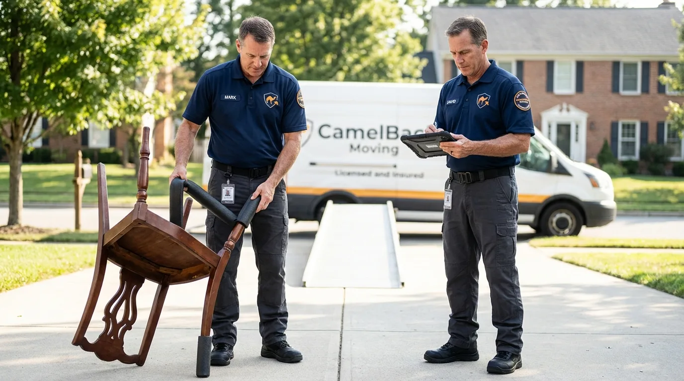 Movers inspecting furniture for damage prevention before loading in Mount Airy, MD